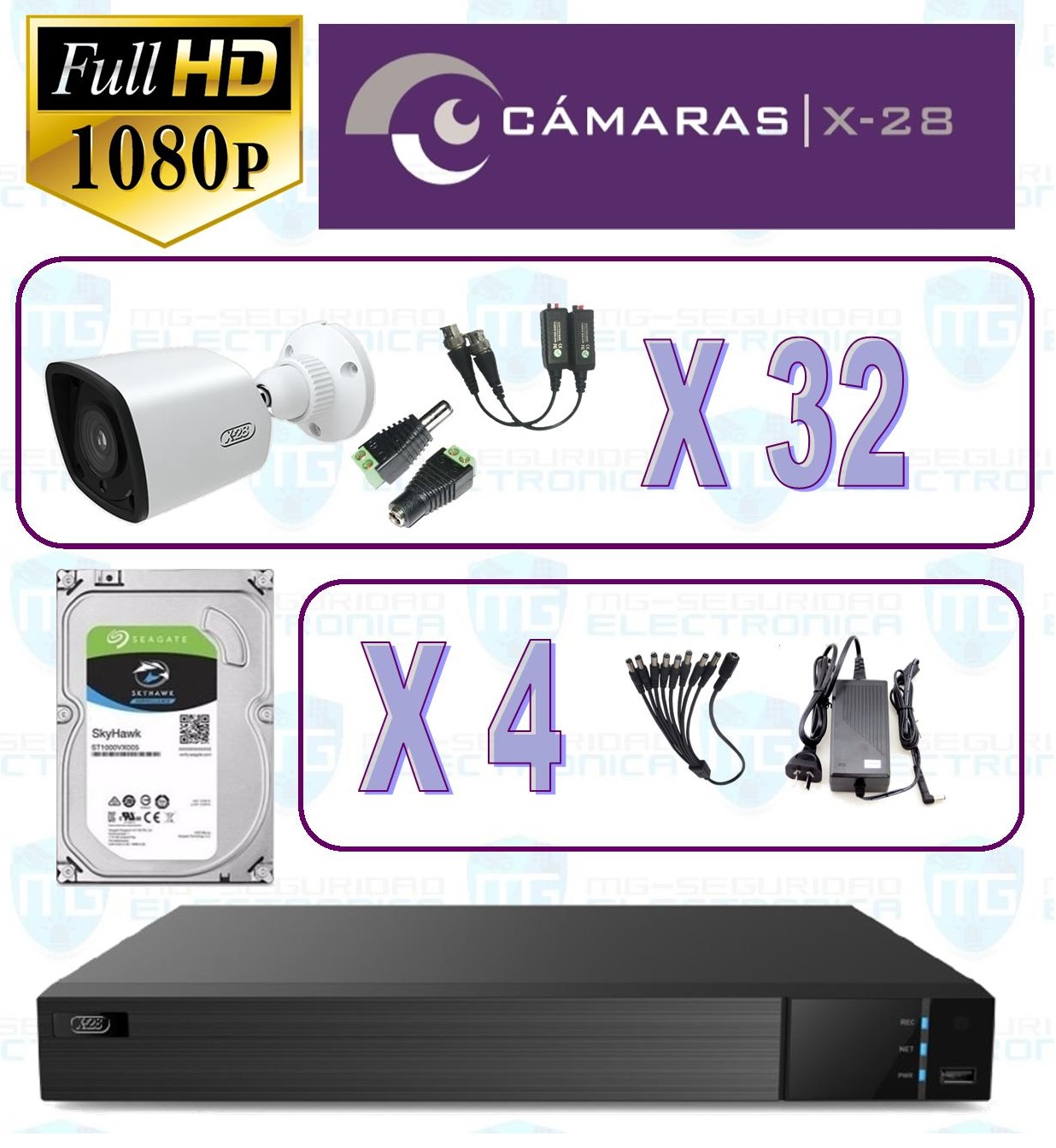 DVR, Disco 6TB, 32 Cámaras Bullet, Fuentes, Balunes y conectores.